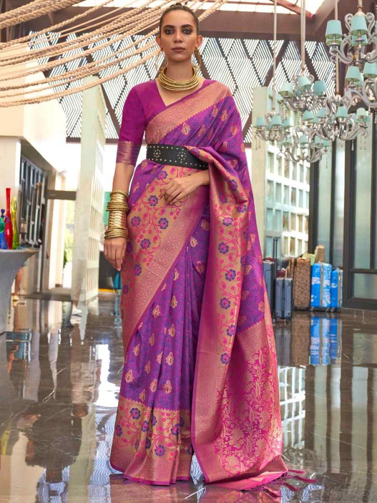 Purple Weaving Silk Handwoven Wedding Festival Heavy Border Saree