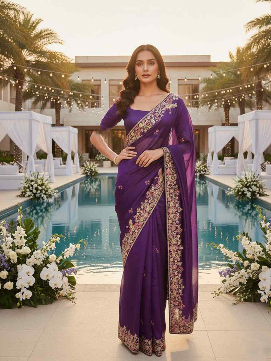 Purple Zimmy Chu Silk Embroidery Bridal Reception Festival Wedding Fancy Heavy Border Saree