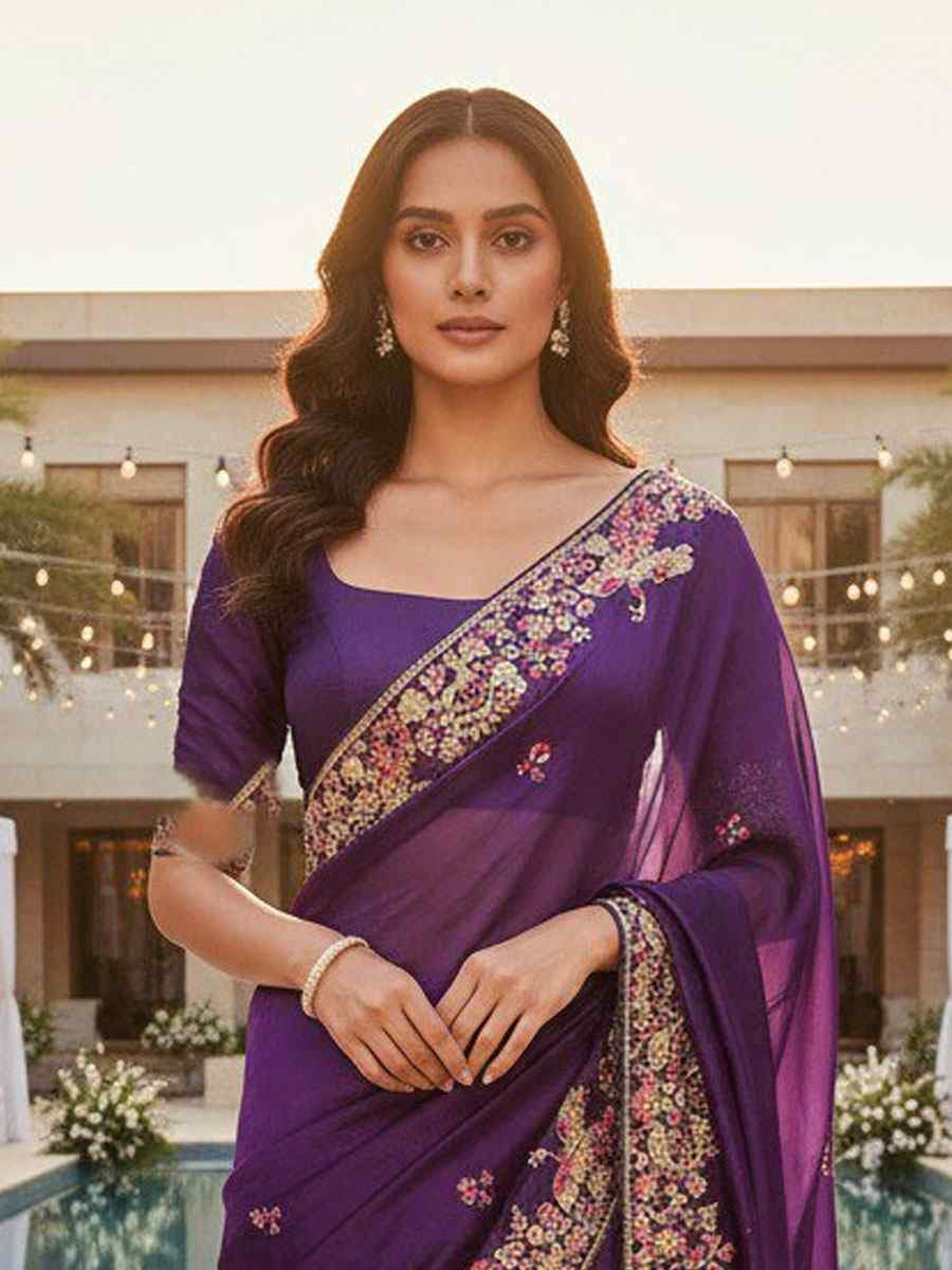 Purple Zimmy Chu Silk Embroidery Bridal Reception Festival Wedding Fancy Heavy Border Saree