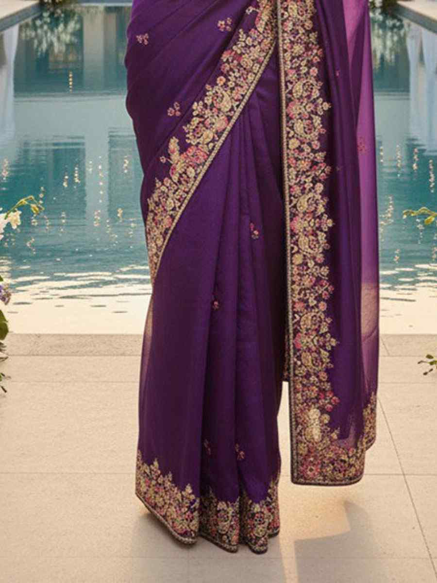 Purple Zimmy Chu Silk Embroidery Bridal Reception Festival Wedding Fancy Heavy Border Saree