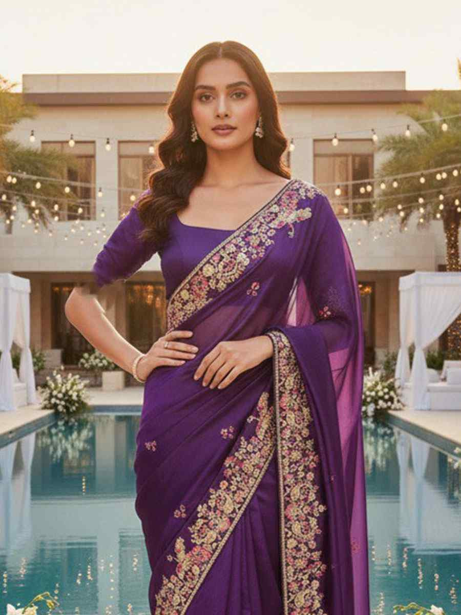 Purple Zimmy Chu Silk Embroidery Bridal Reception Festival Wedding Fancy Heavy Border Saree