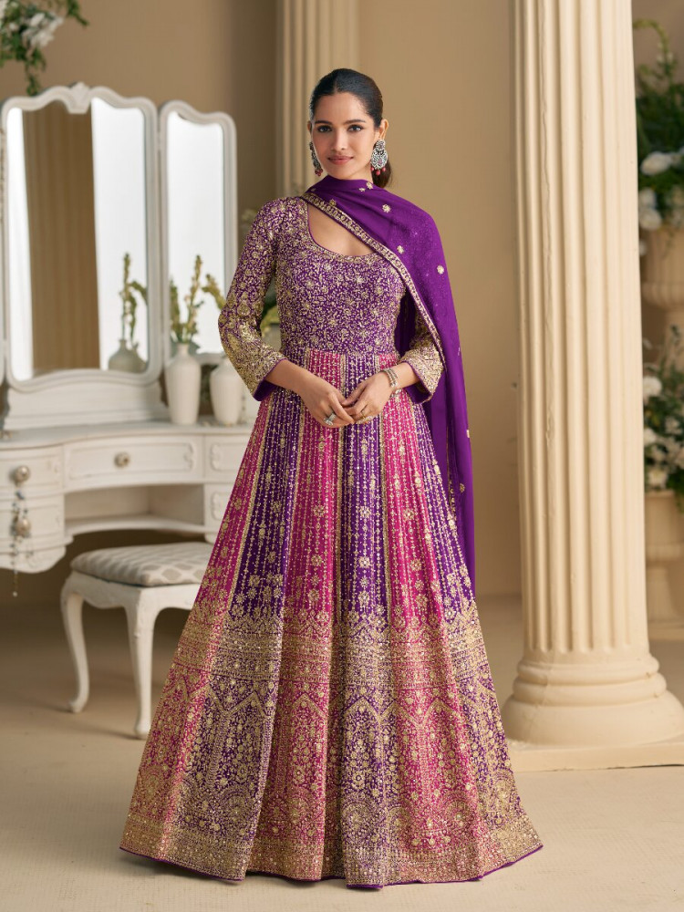 Image of Purple&amp;Pink Real Premium Georgette Embroidery Sequins Zari Wedding Party Festival Casual Ready Anarkali Salwar Kameez