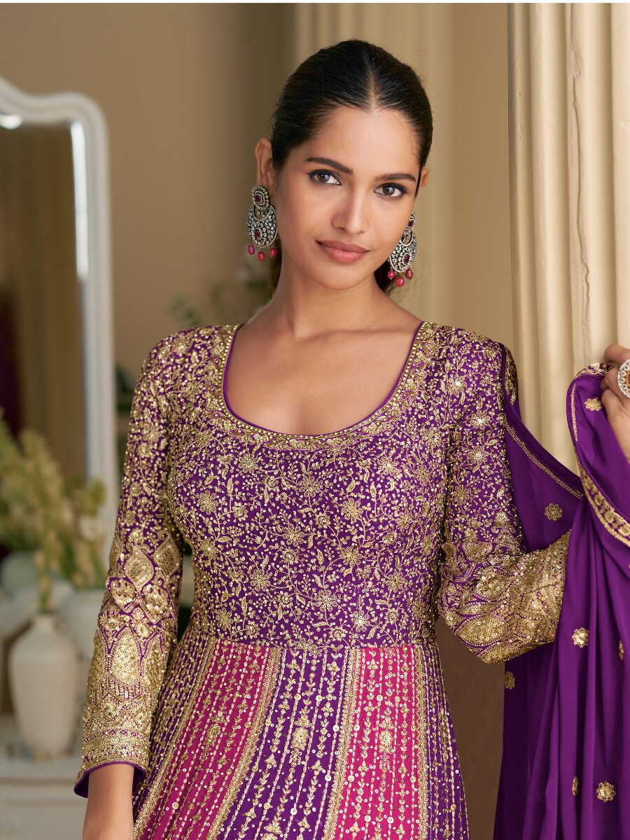 PurplePink Real Premium Georgette Embroidery Sequins Zari Wedding Party Festival Casual Ready Anarkali Salwar Kameez