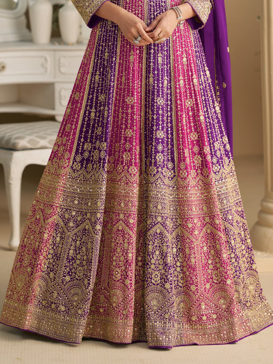 PurplePink Real Premium Georgette Embroidery Sequins Zari Wedding Party Festival Casual Ready Anarkali Salwar Kameez