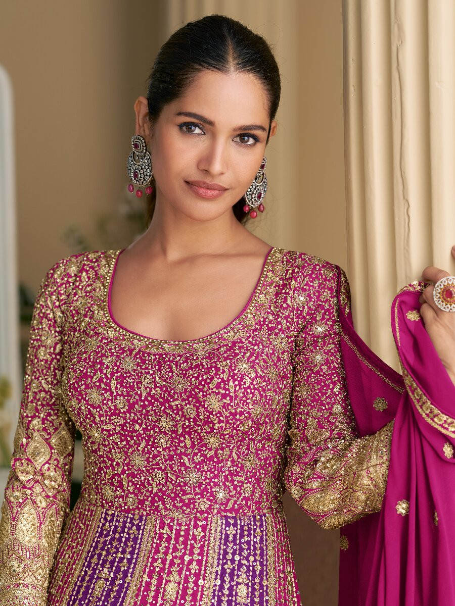 PurplePink Real Premium Georgette Embroidery Sequins Zari Wedding Party Festival Casual Ready Anarkali Salwar Kameez
