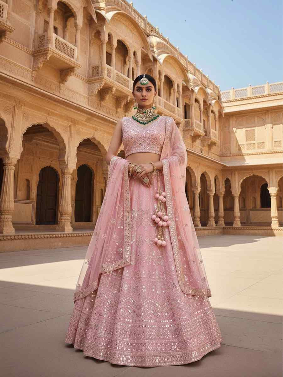 Pyaji Net Embroidered Bridal Wedding Reception Festival Heavy Border Lehenga Choli