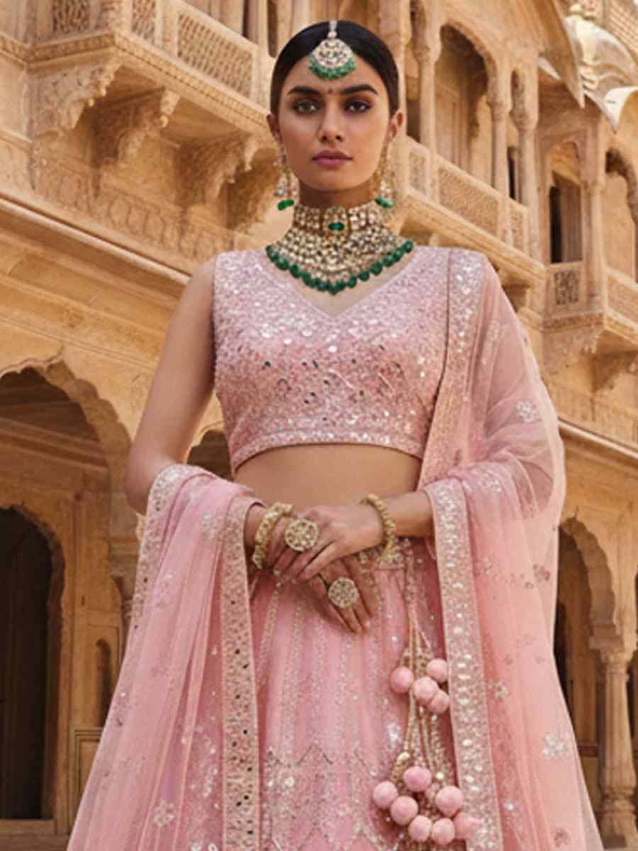 Pyaji Net Embroidered Bridal Wedding Reception Festival Heavy Border Lehenga Choli