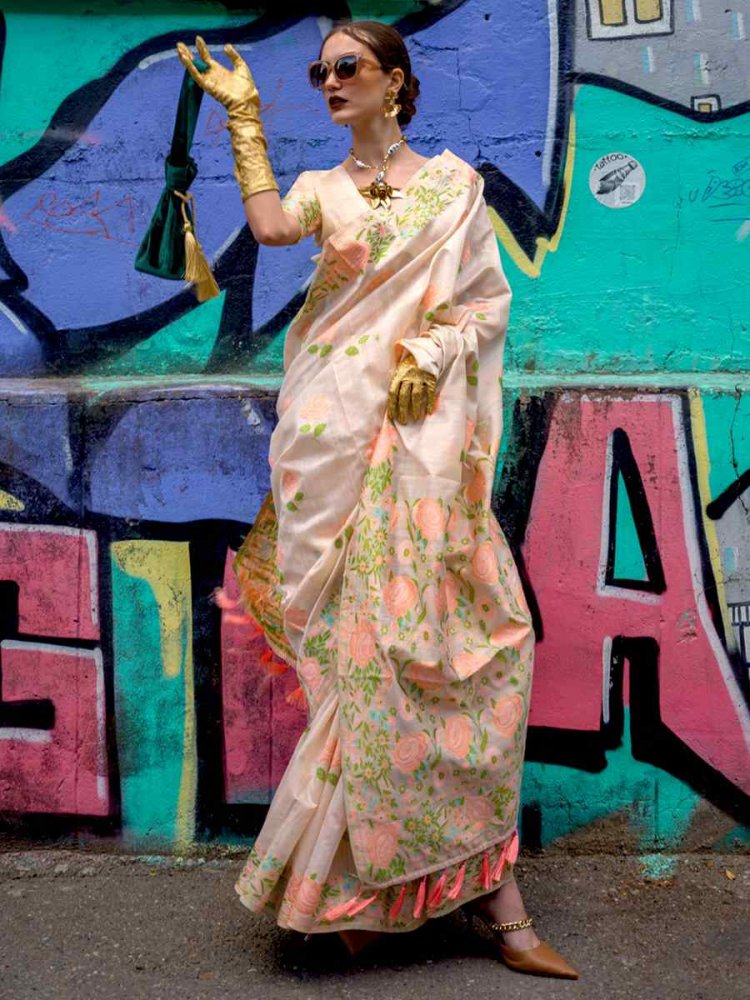 Raffica Golden Cream Parsi Silk Handwoven Party Festival Classic Style Saree