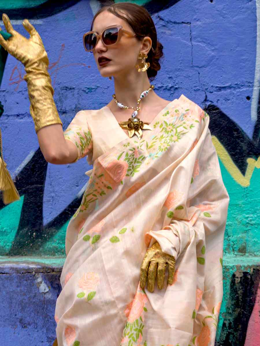 Raffica Golden Cream Parsi Silk Handwoven Party Festival Classic Style Saree