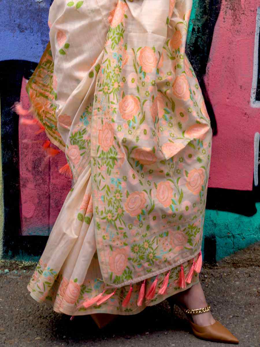 Raffica Golden Cream Parsi Silk Handwoven Party Festival Classic Style Saree