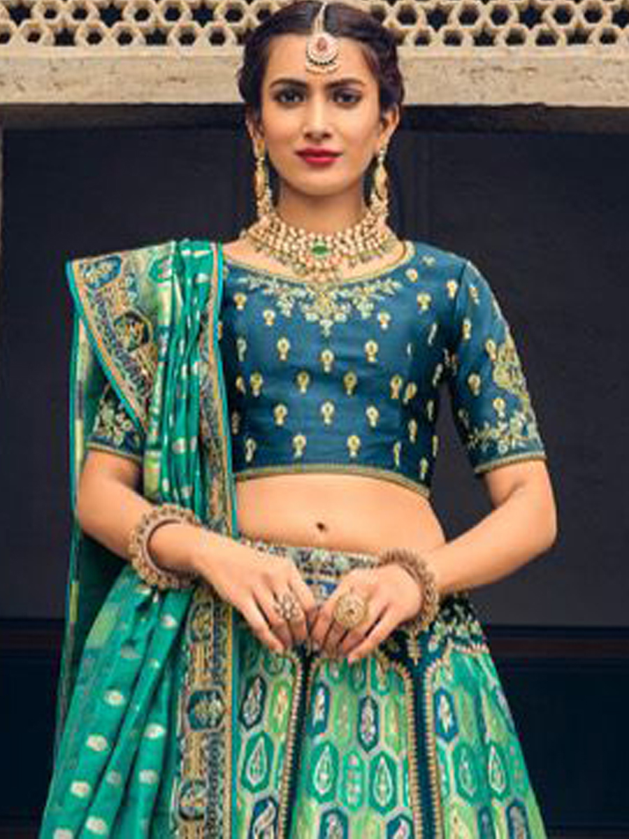 Rama Banarasi Silk Embroidered Festival Wedding Circular Lehenga Choli