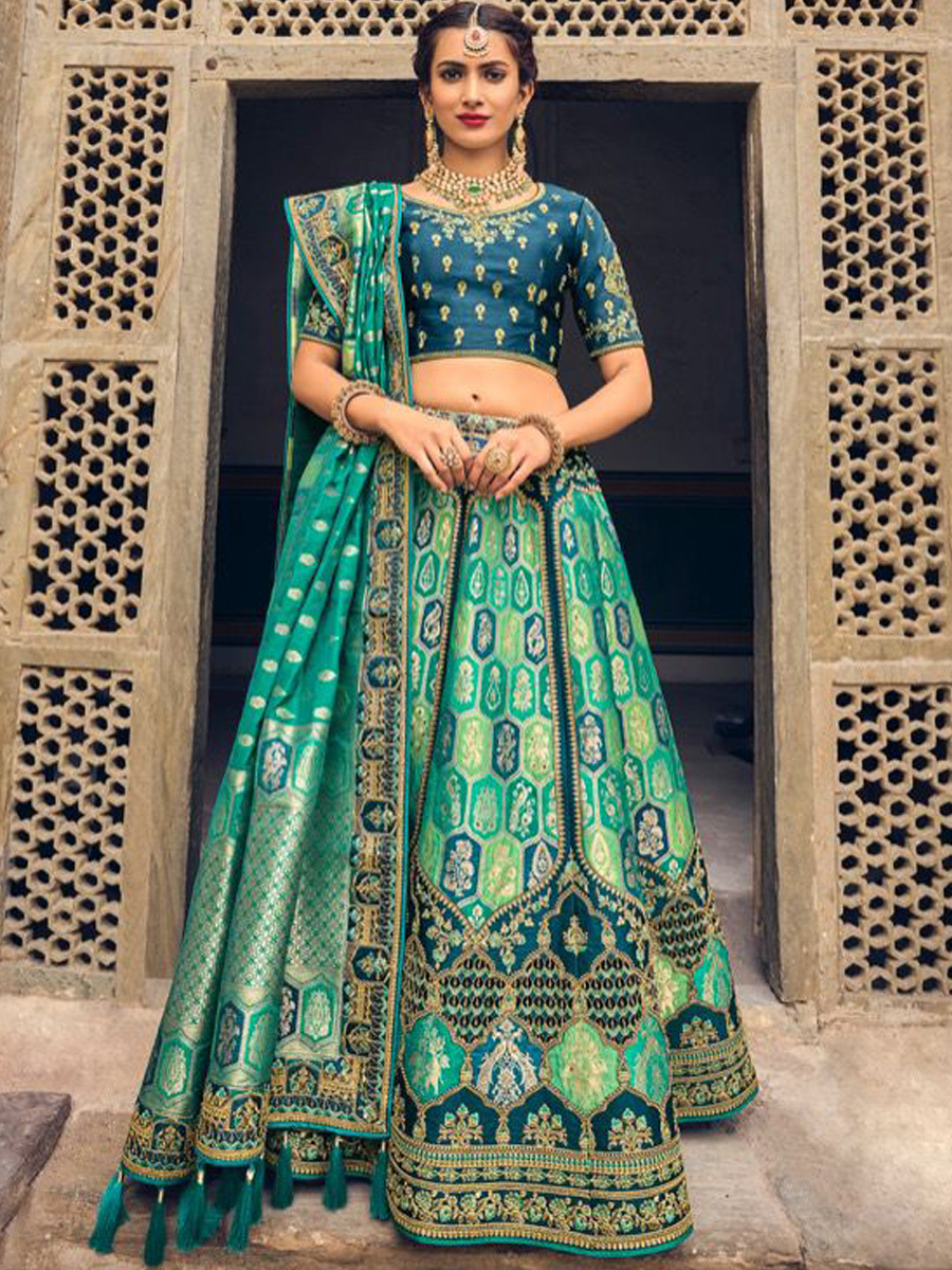 Rama Banarasi Silk Embroidered Festival Wedding Circular Lehenga Choli