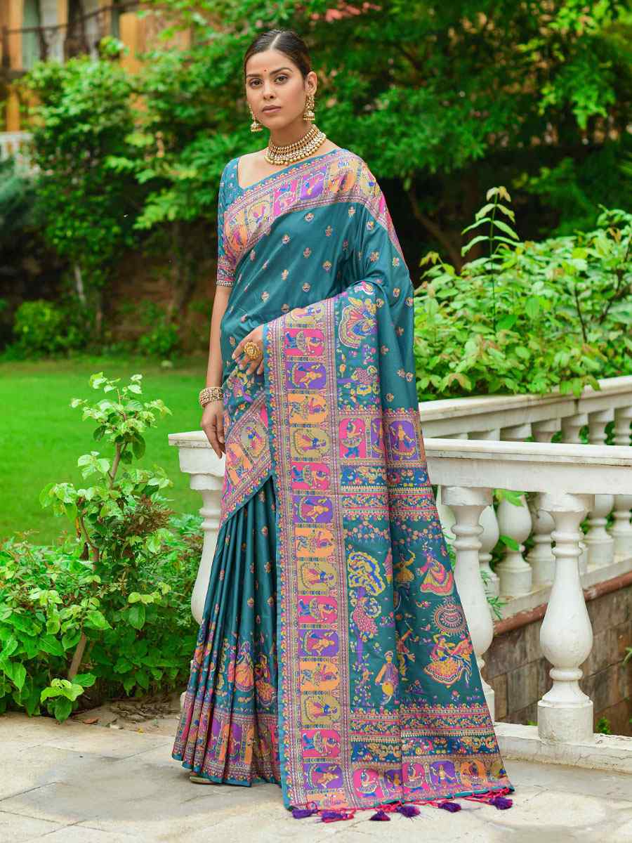 Rama Banarasi Silk Handwoven Wedding Festival Heavy Border Saree