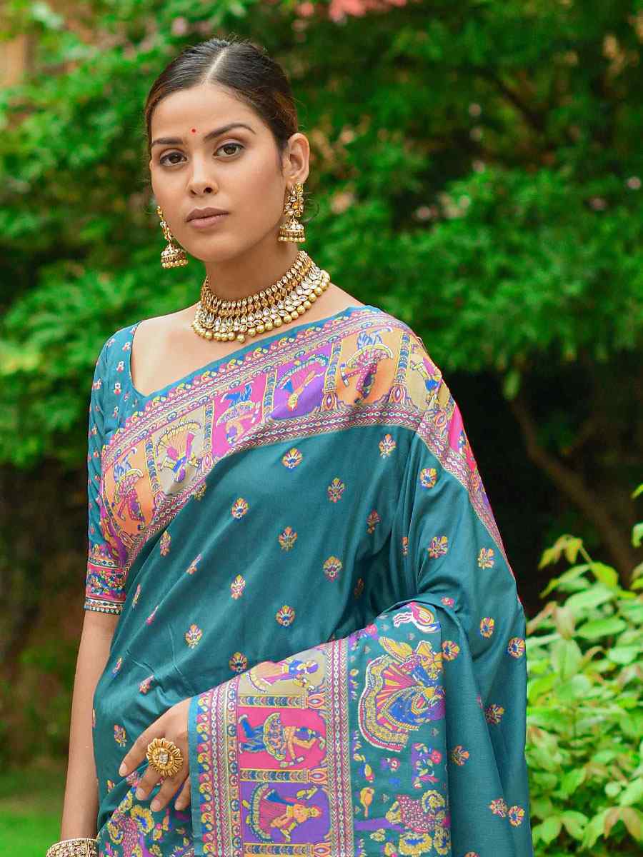 Rama Banarasi Silk Handwoven Wedding Festival Heavy Border Saree