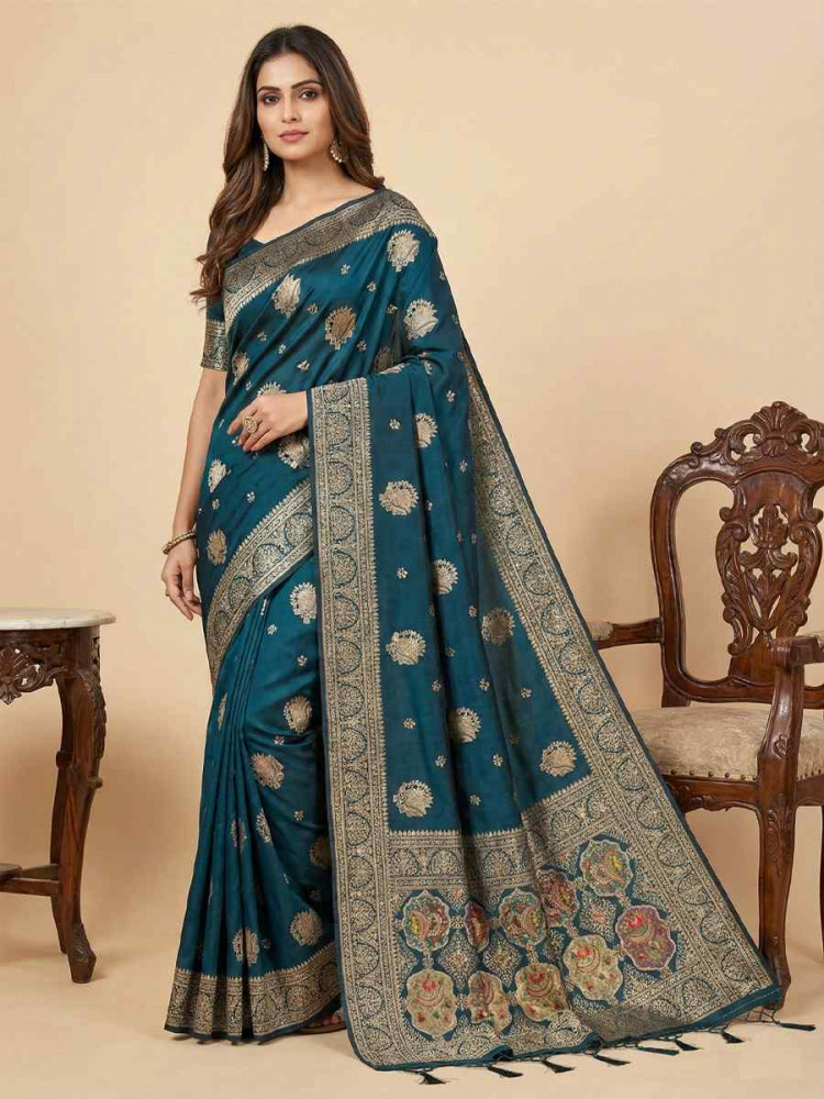 Image of Rama Banarasi Soft Silk Zari Handwoven Casual Reception Festival Wedding Fancy Classic Style Sarees