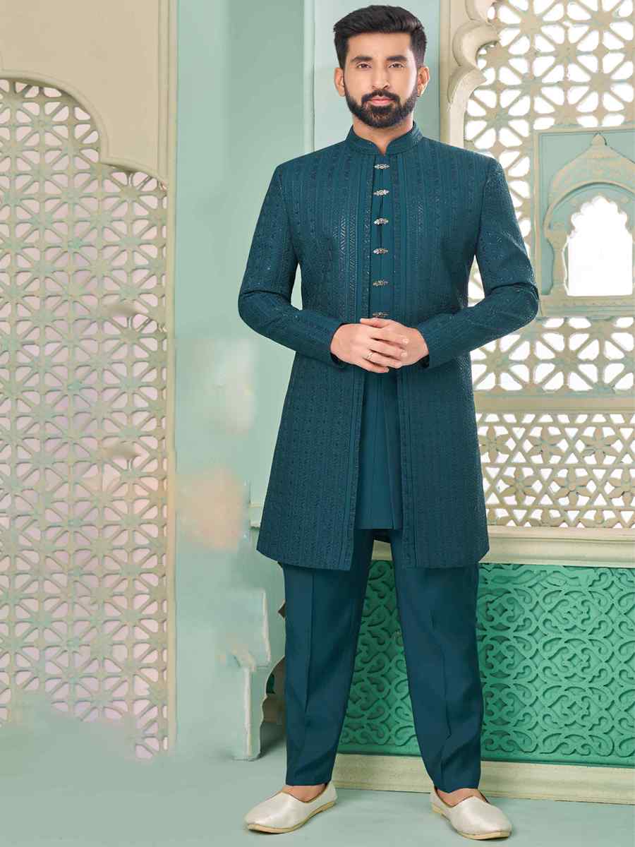 Rama Blue Art Banarasi Silk Embroidered Festival Wedding Sherwani