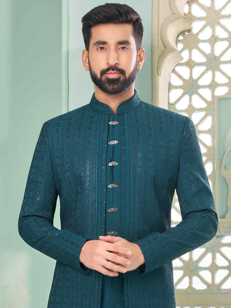 Rama Blue Art Banarasi Silk Embroidered Festival Wedding Sherwani