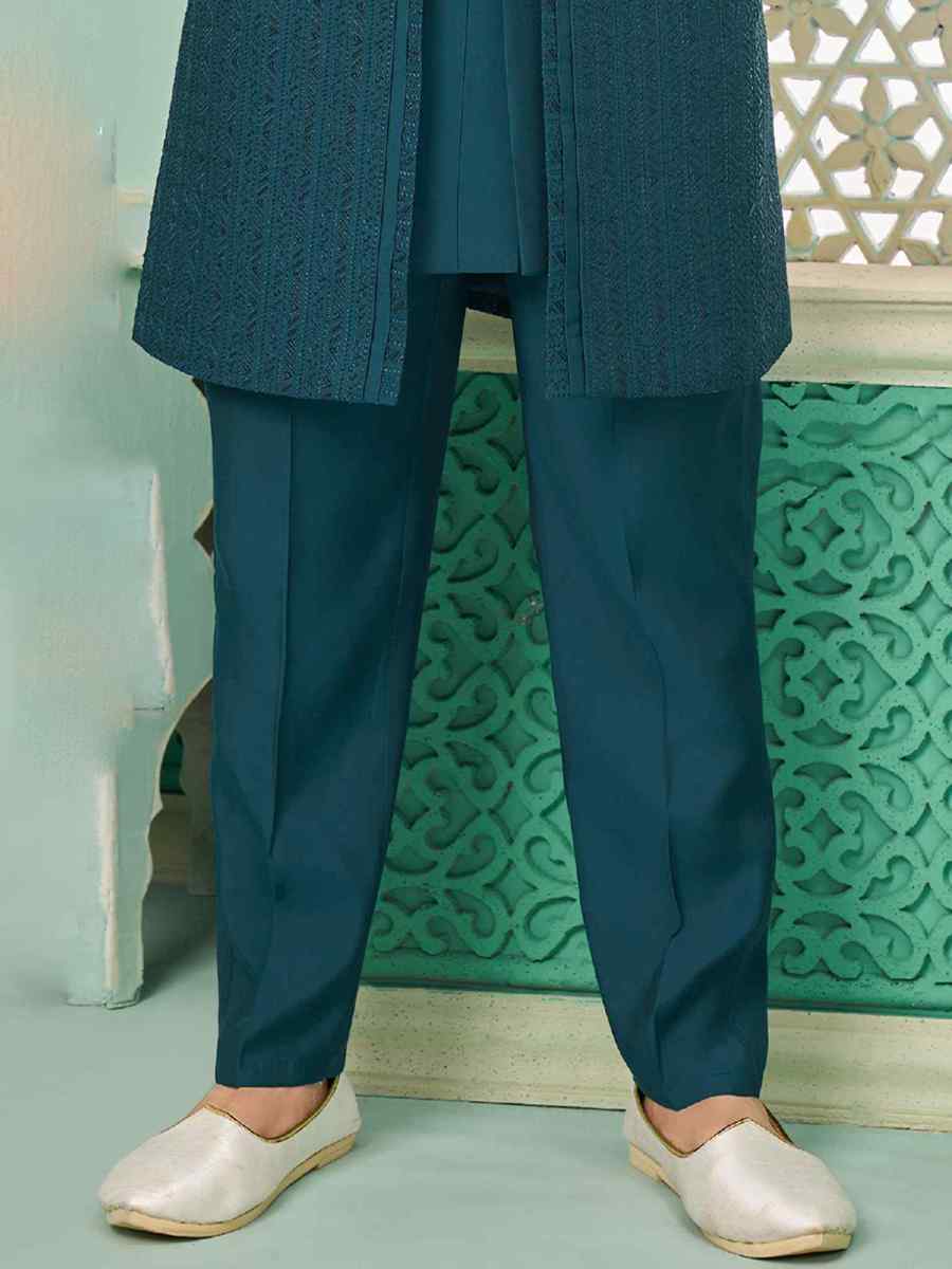 Rama Blue Art Banarasi Silk Embroidered Festival Wedding Sherwani