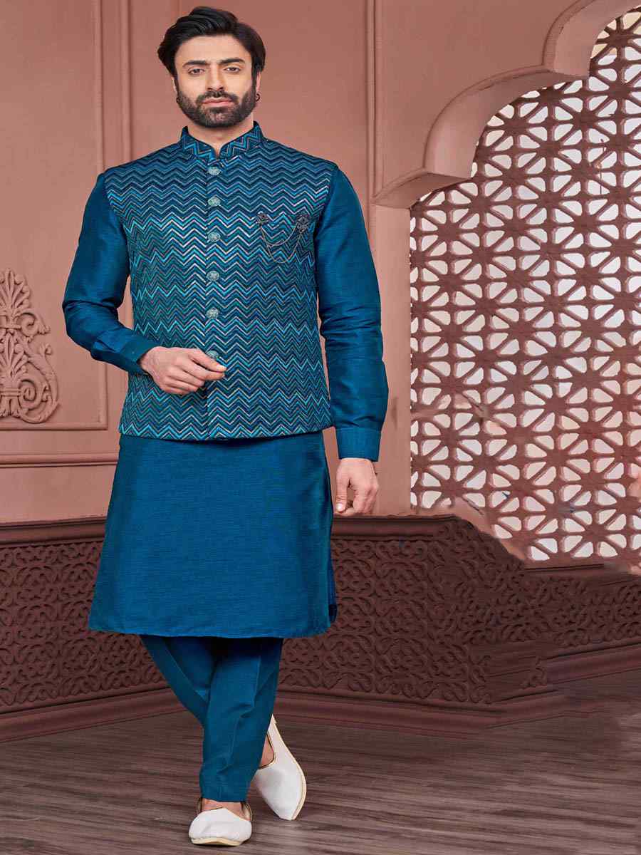 Rama Blue Art Banarasi Silk Woven Festival Wedding Kurta
