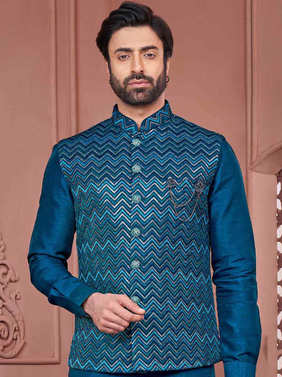 Rama Blue Art Banarasi Silk Woven Festival Wedding Kurta