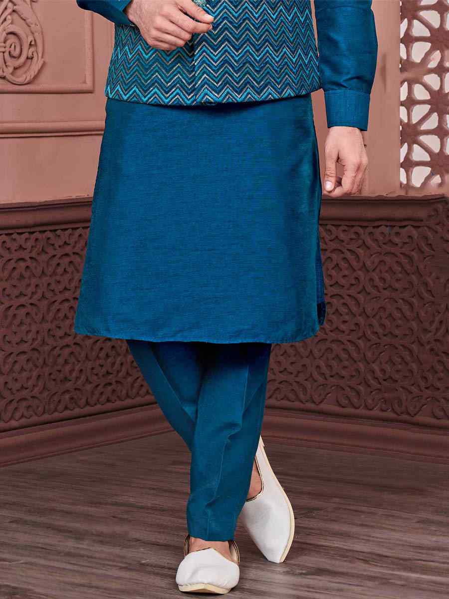 Rama Blue Art Banarasi Silk Woven Festival Wedding Kurta