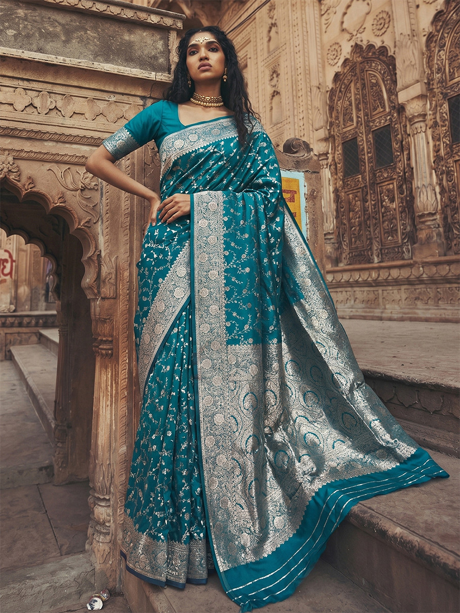 Rama Blue Art Silk Jacquard Wedding Reception Party Festival Casual Heavy Border Sarees