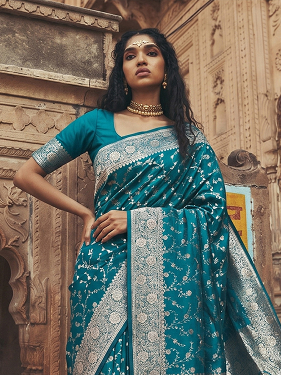 Rama Blue Art Silk Jacquard Wedding Reception Party Festival Casual Heavy Border Sarees