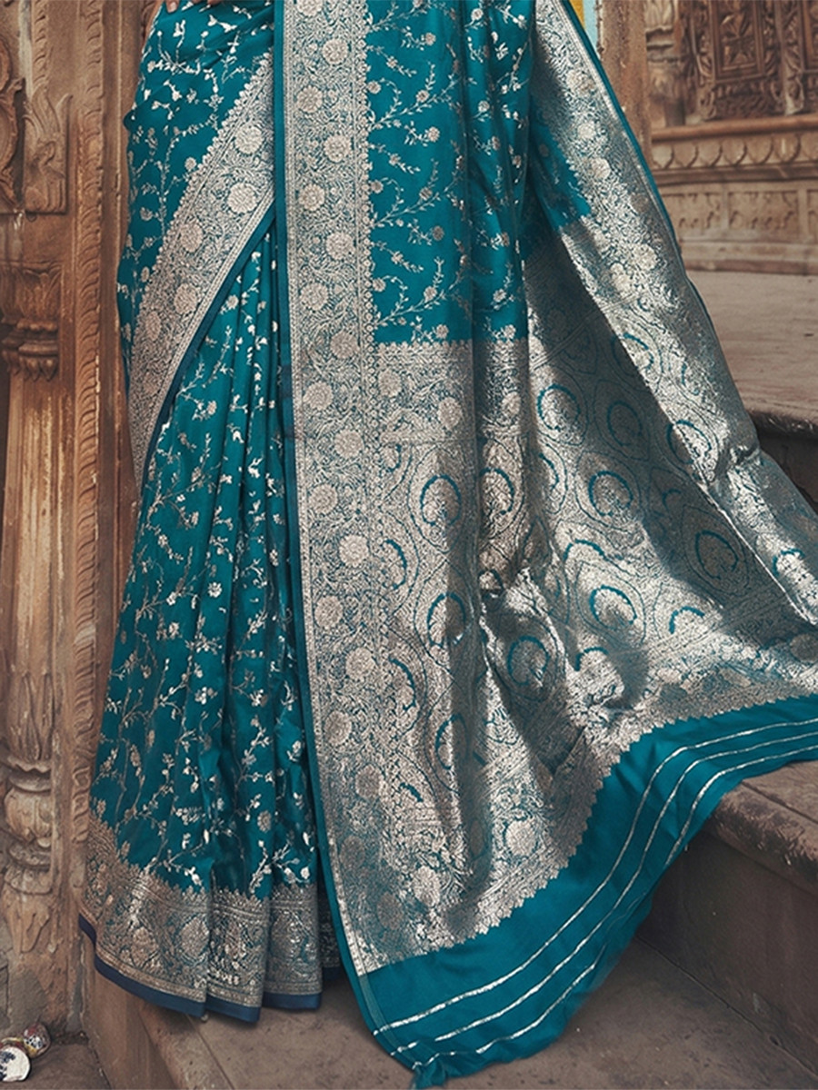 Rama Blue Art Silk Jacquard Wedding Reception Party Festival Casual Heavy Border Sarees