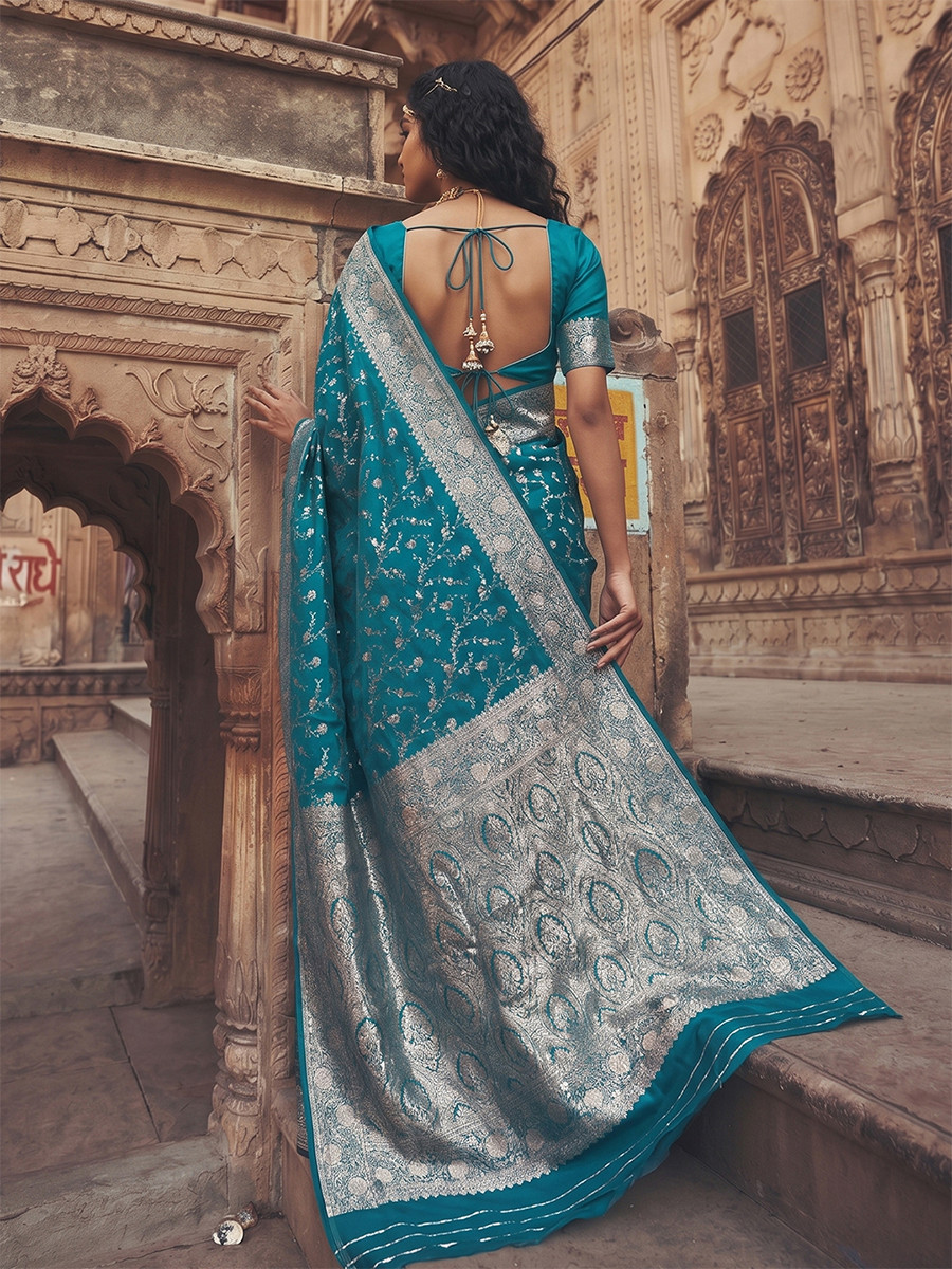 Rama Blue Art Silk Jacquard Wedding Reception Party Festival Casual Heavy Border Sarees