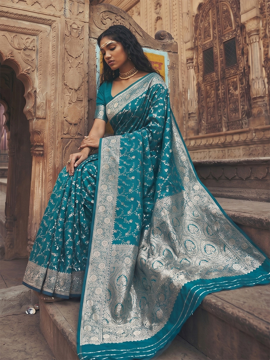 Rama Blue Art Silk Jacquard Wedding Reception Party Festival Casual Heavy Border Sarees