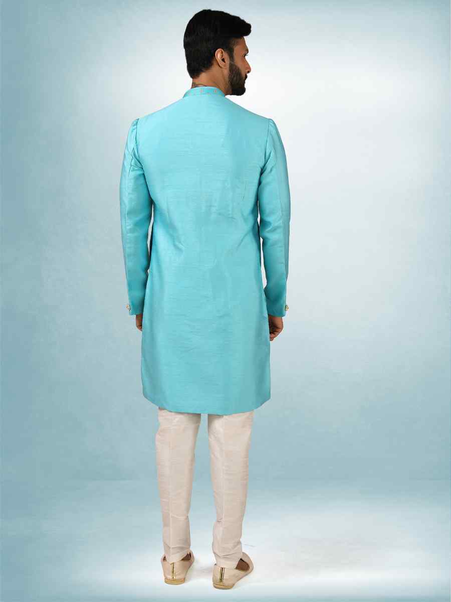 Rama Blue Art Silk Plain Printed Party Wedding Sherwani