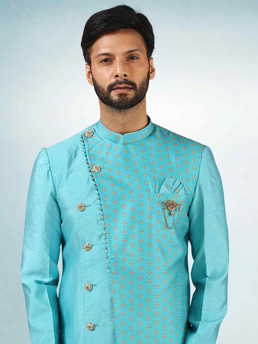 Rama Blue Art Silk Plain Printed Party Wedding Sherwani