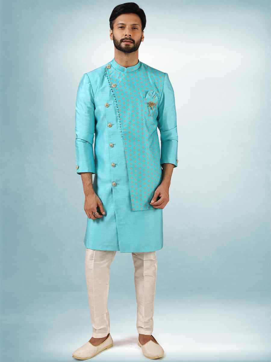 Rama Blue Art Silk Plain Printed Party Wedding Sherwani