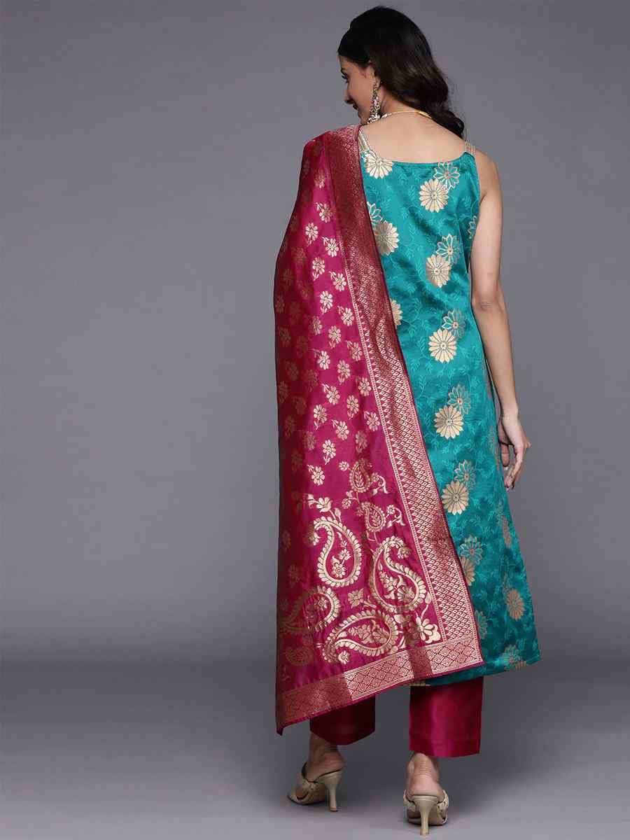 Rama Blue Banarasi Silk Handwoven Wedding Festival Pant Salwar Kameez