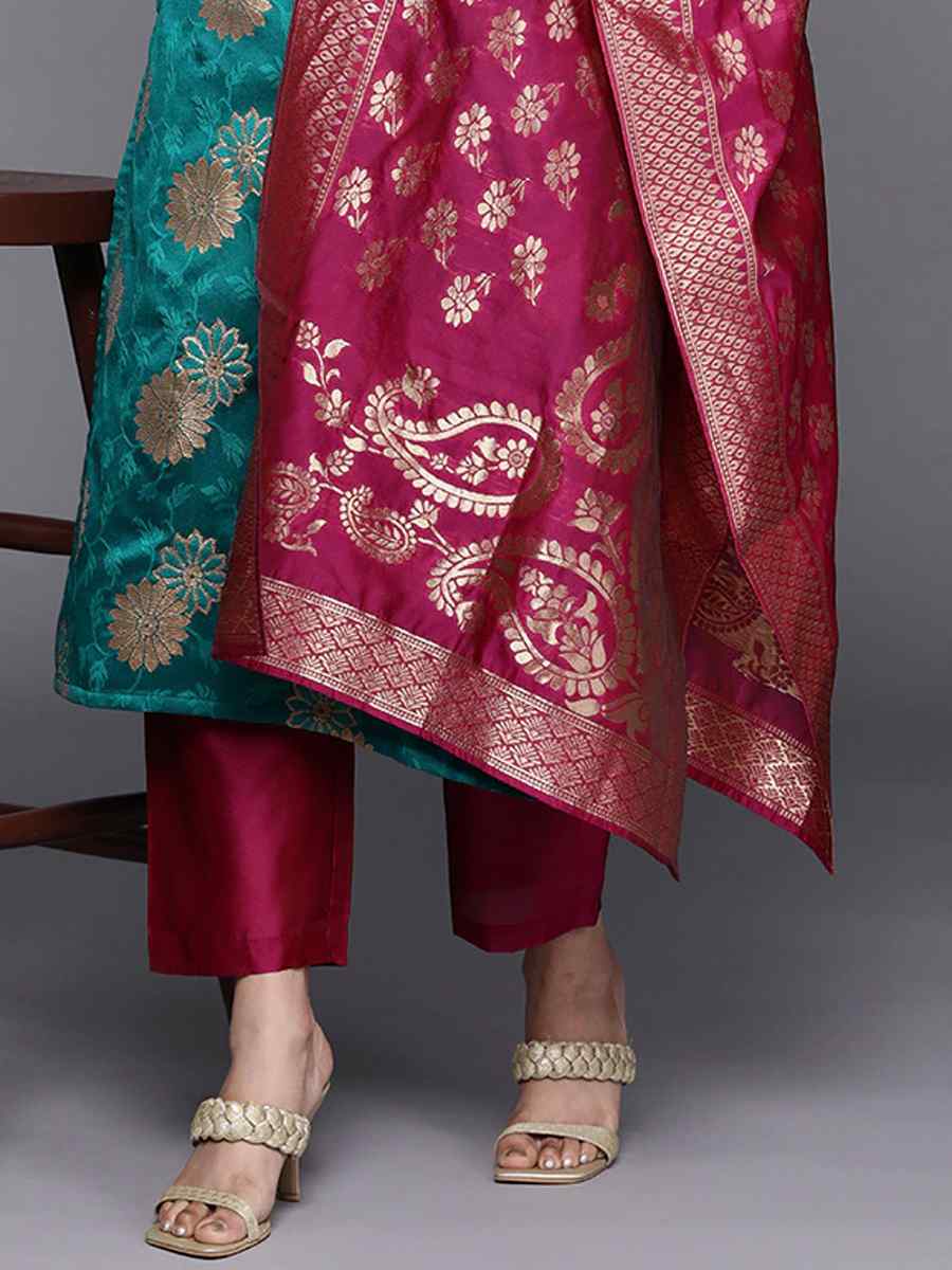 Rama Blue Banarasi Silk Handwoven Wedding Festival Pant Salwar Kameez