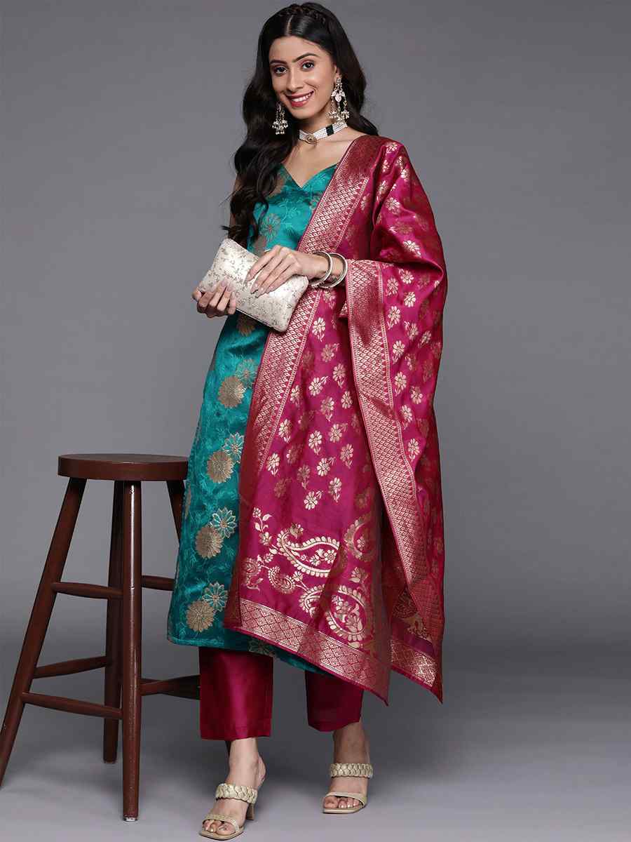 Rama Blue Banarasi Silk Handwoven Wedding Festival Pant Salwar Kameez