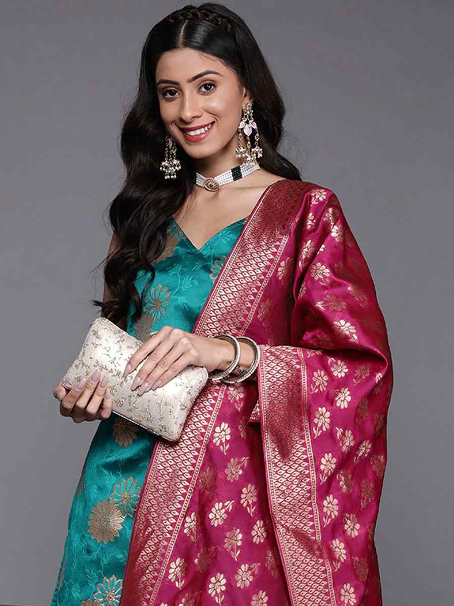 Rama Blue Banarasi Silk Handwoven Wedding Festival Pant Salwar Kameez
