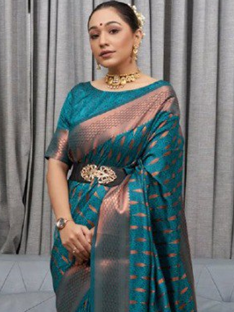 Rama Blue Banarasi Soft Silk Handwoven Wedding Festival Heavy Border Saree