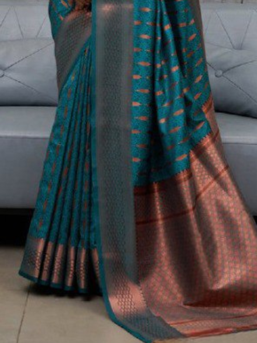 Rama Blue Banarasi Soft Silk Handwoven Wedding Festival Heavy Border Saree