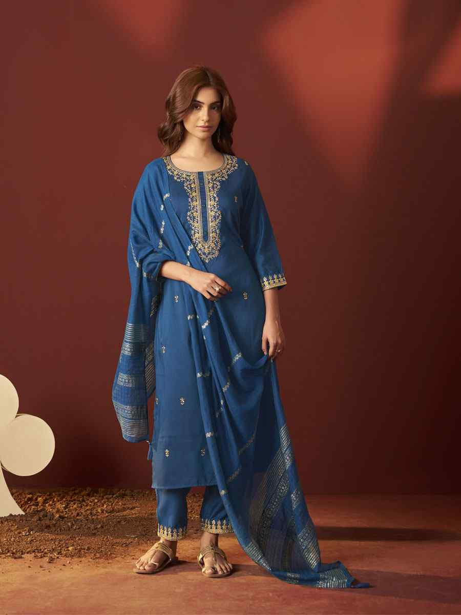 Rama Blue Chinon Embroidery Party Wedding Festival Casual Ready  Pant Salwar Kameez