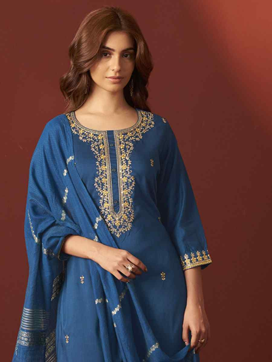 Rama Blue Chinon Embroidery Party Wedding Festival Casual Ready  Pant Salwar Kameez