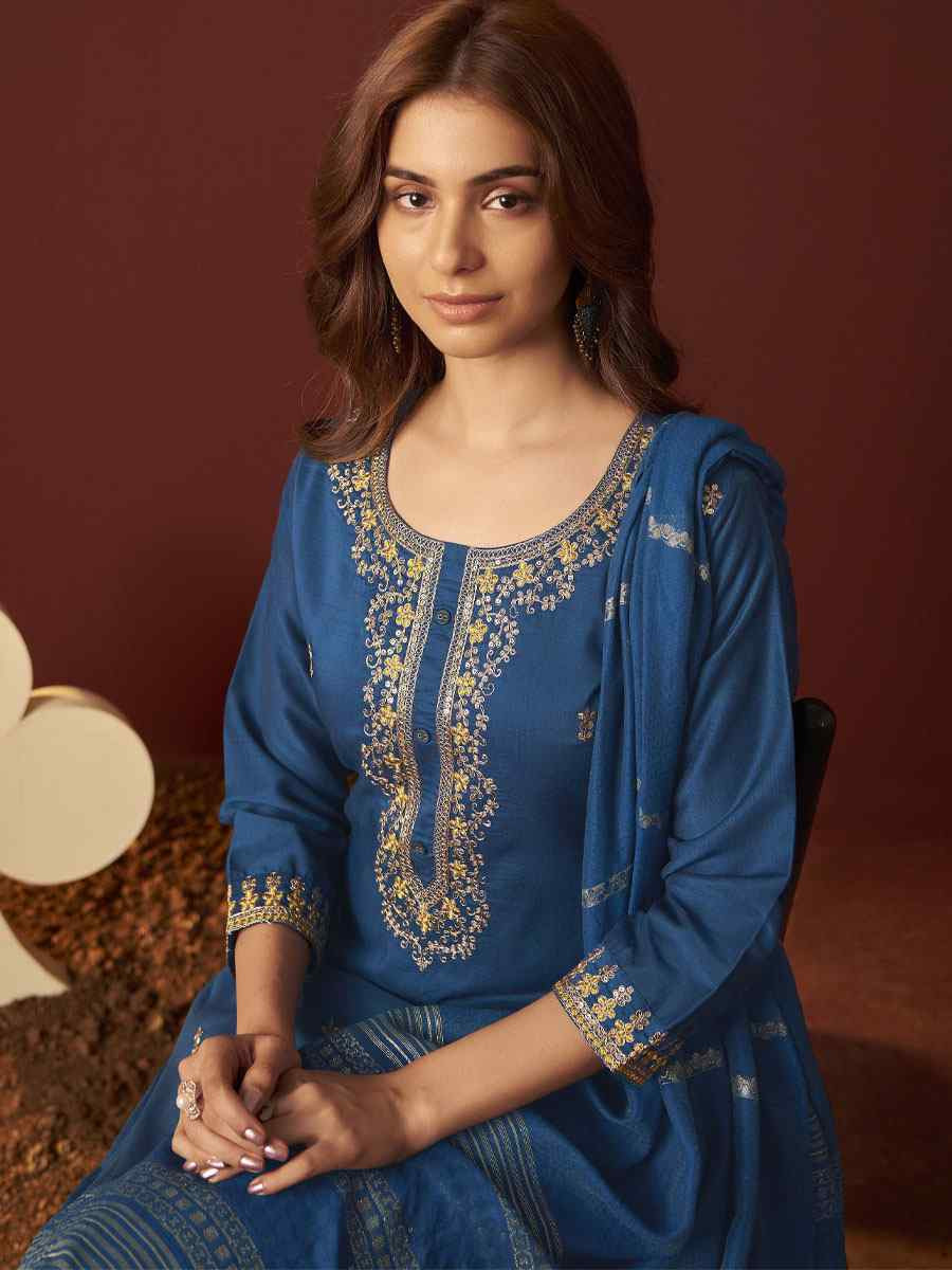 Rama Blue Chinon Embroidery Party Wedding Festival Casual Ready  Pant Salwar Kameez