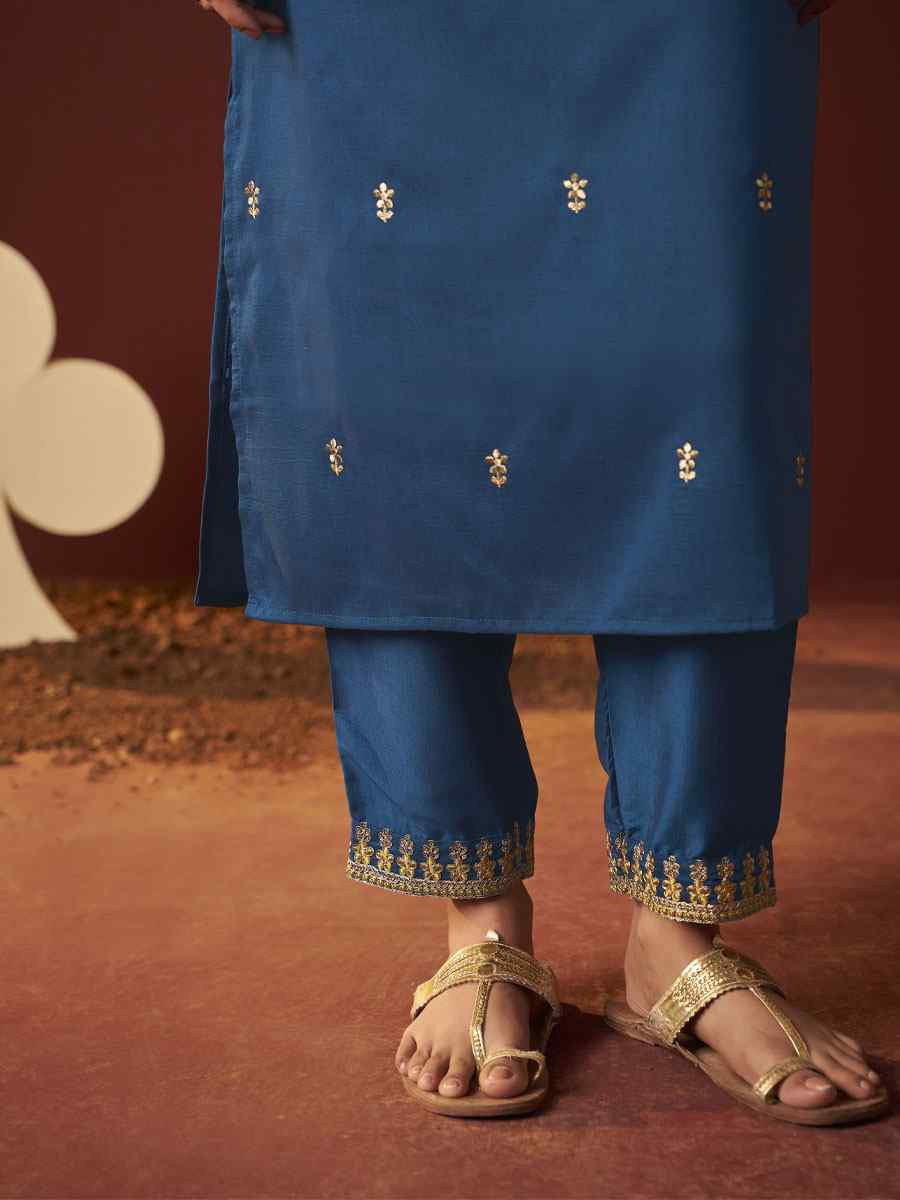 Rama Blue Chinon Embroidery Party Wedding Festival Casual Ready  Pant Salwar Kameez