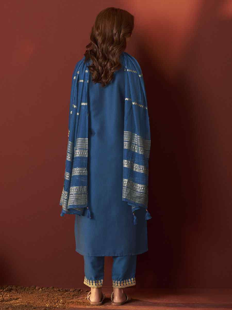 Rama Blue Chinon Embroidery Party Wedding Festival Casual Ready Pant Salwar Kameez