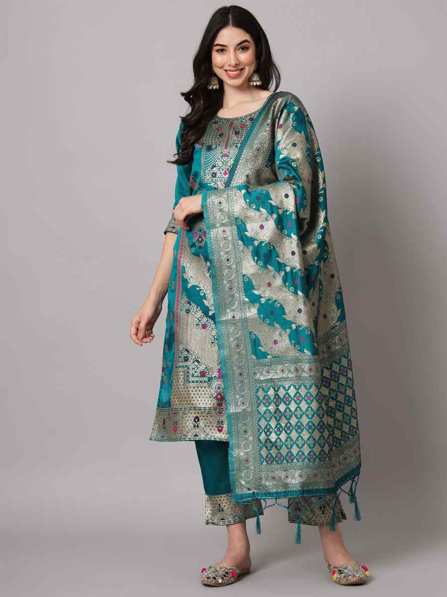 Rama Blue Cotton Silk Jacquard Handwoven Party Wedding Festival Casual Ready Pant Salwar Kameez