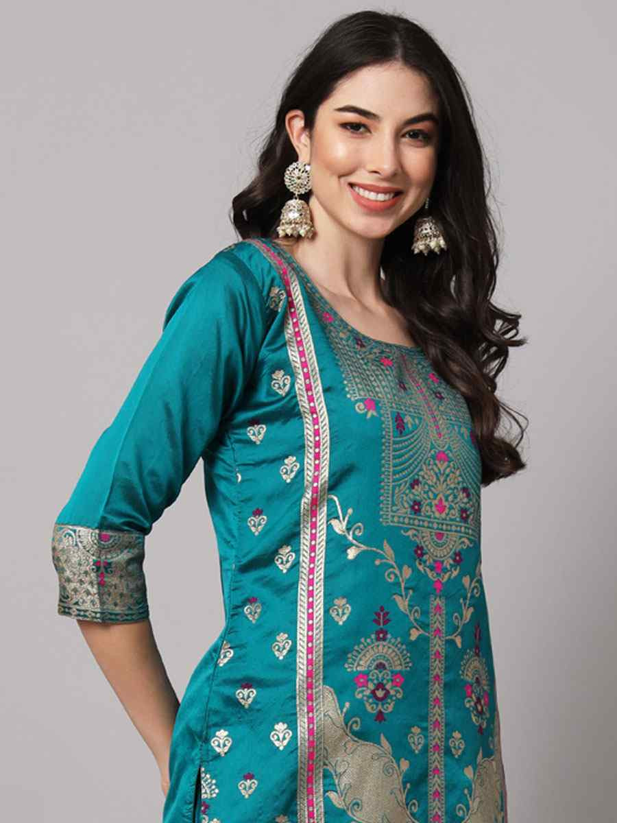 Rama Blue Cotton Silk Jacquard Handwoven Party Wedding Festival Casual Ready Pant Salwar Kameez