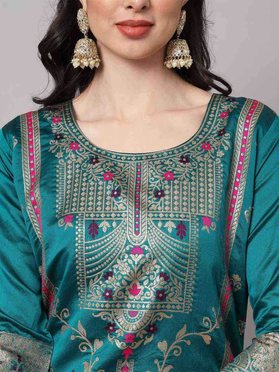 Rama Blue Cotton Silk Jacquard Handwoven Party Wedding Festival Casual Ready Pant Salwar Kameez