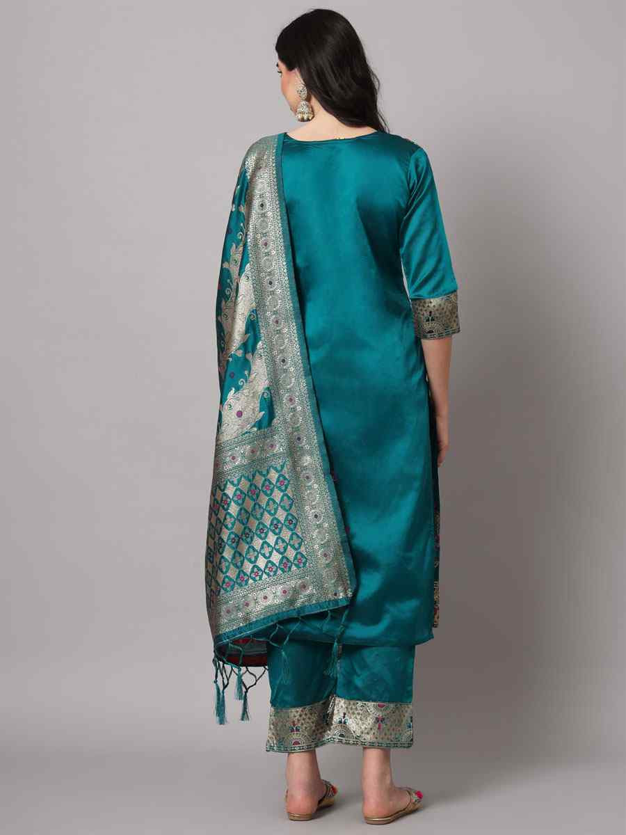 Rama Blue Cotton Silk Jacquard Handwoven Party Wedding Festival Casual Ready Pant Salwar Kameez