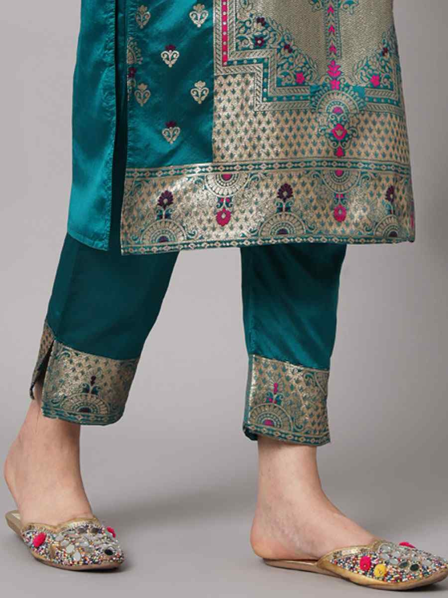Rama Blue Cotton Silk Jacquard Handwoven Party Wedding Festival Casual Ready Pant Salwar Kameez