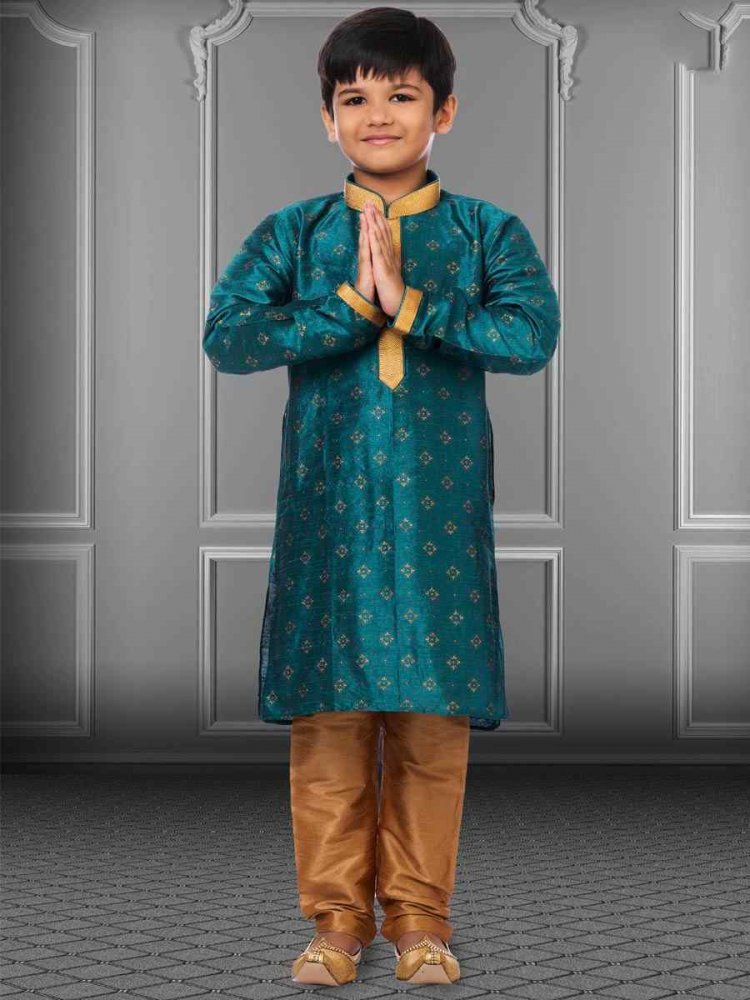 Rama Blue Dhupion Silk Printed Festival Kurta Pyjama Boys Wear